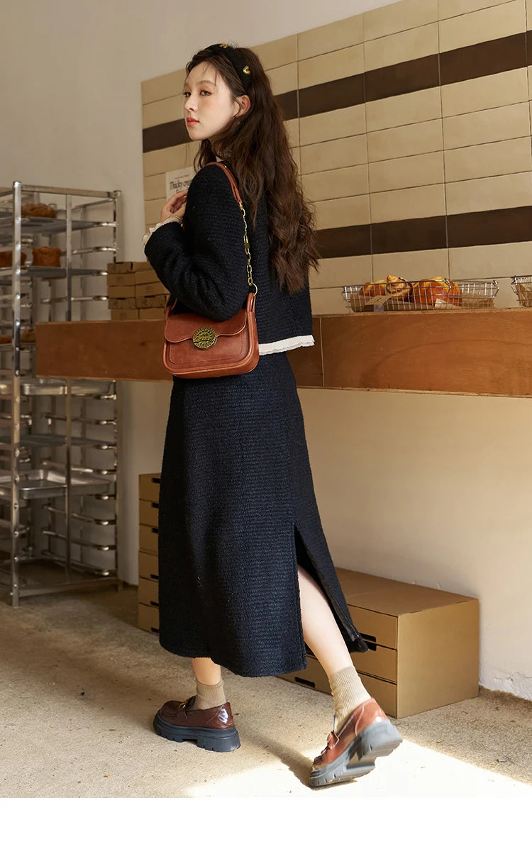 Mishow Wool Blend Short Coat & Rear Split A-Line Skirt Set MXC56W0162