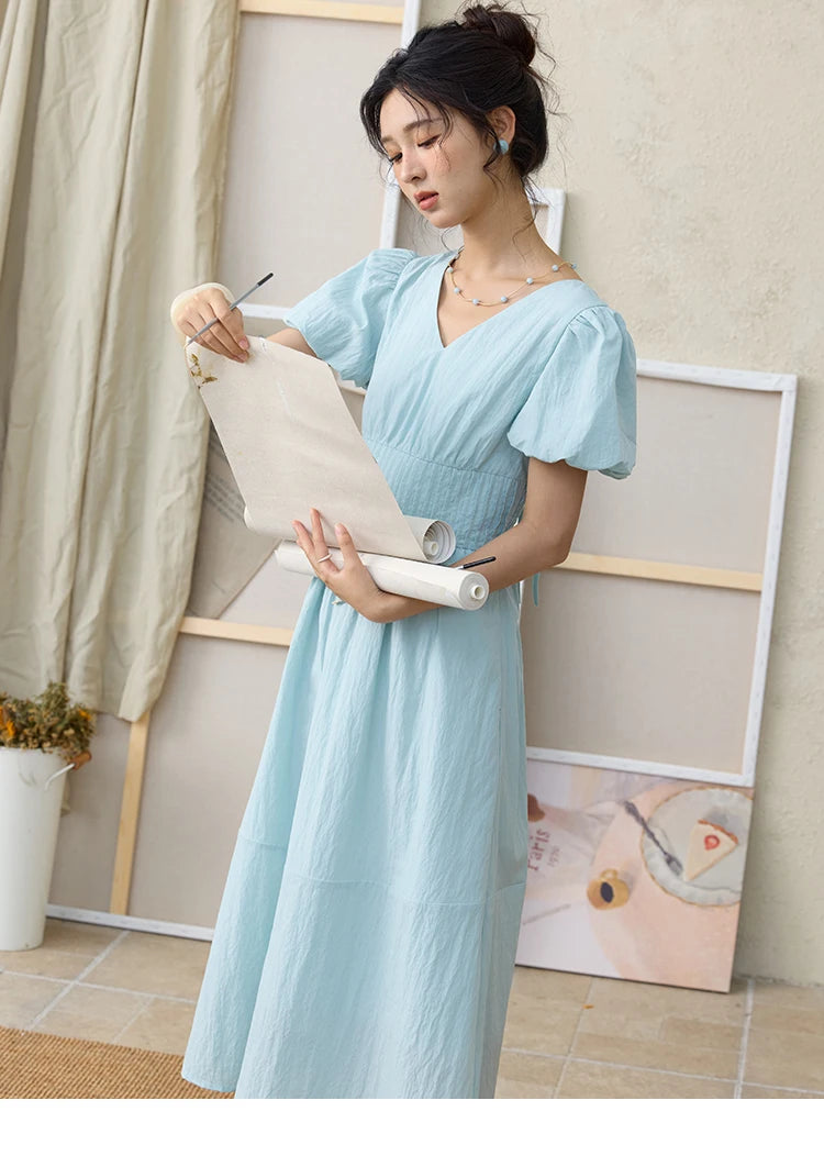 Mishow French Puff Sleeve V-Neck Cotton Dress MXE34L2288