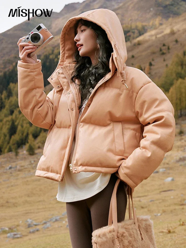 Mishow Hooded Imitation Leather Short Down Jacket MXC52Y0008