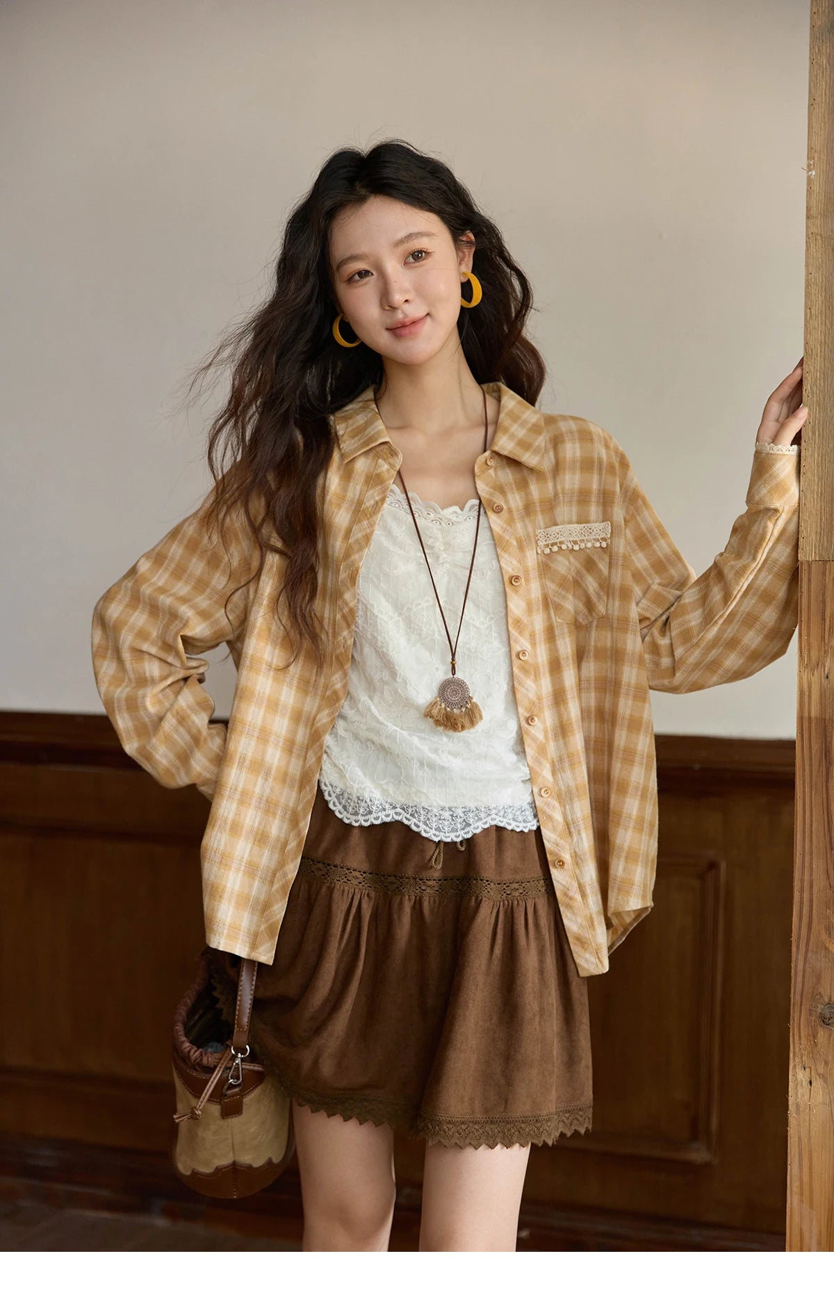 MISHOW Retro Plaid Shirt Lace Pocket Lapel Collar MXE43C2378
