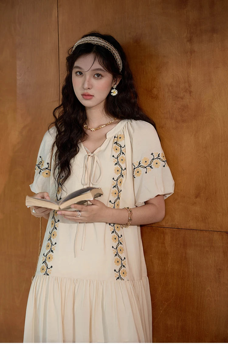 Mishow Korean Sunflower Embroidery Lace-Up Doll Dress MXD30L1959