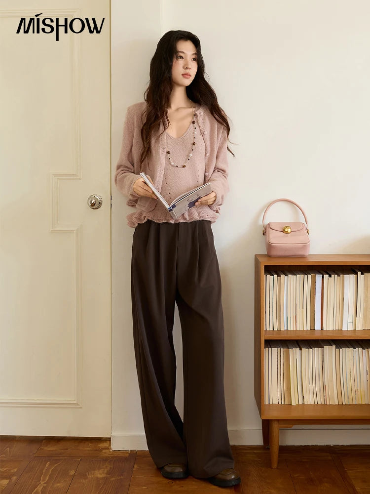 Mishow Pink Crew Neck Cardigan & Suspenders Set MXE48T1404