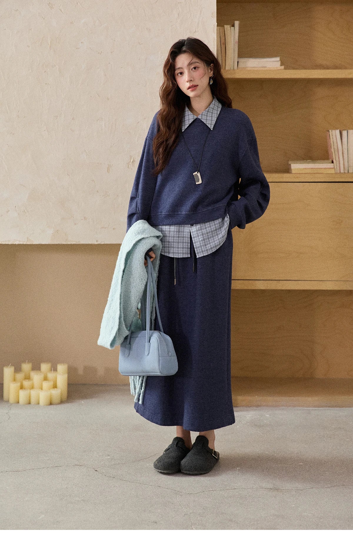 Mishow Blue Plaid Knit Top & Straight Skirt Set MXE87T1445