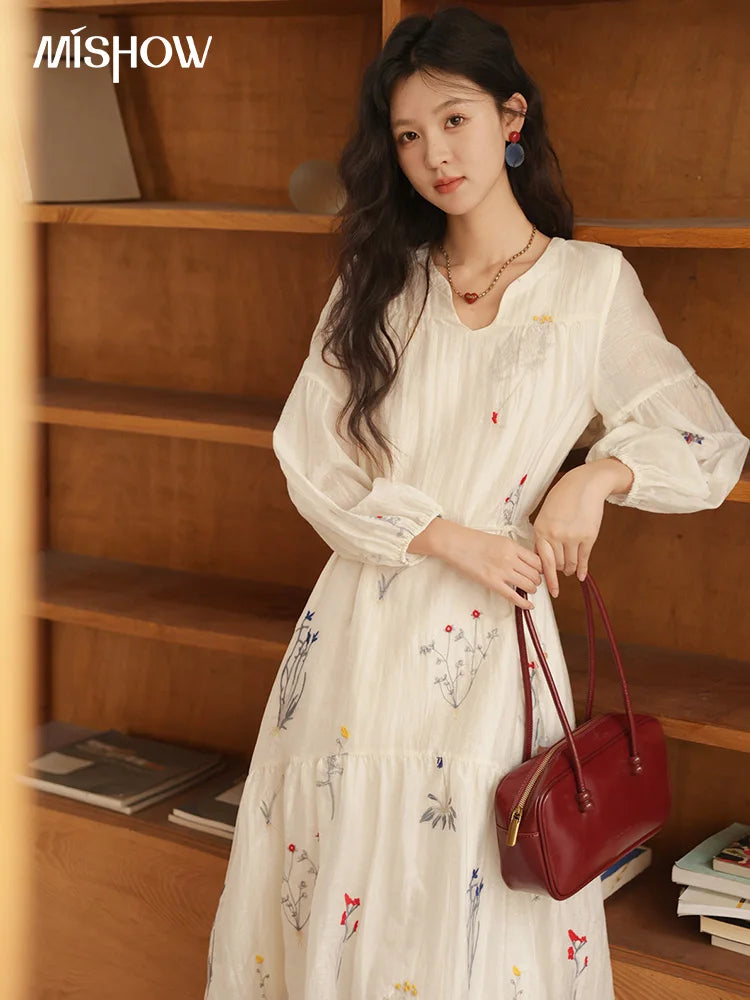 Mishow Beige Curved Collar Lantern Sleeve Tied Dress MXE41L2487