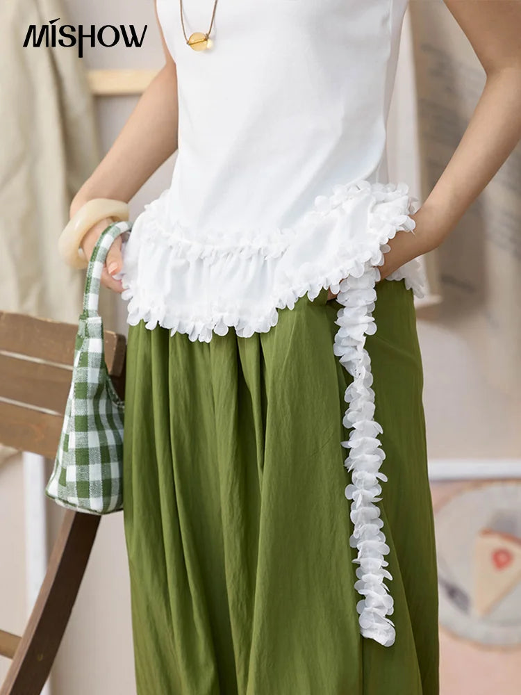 Mishow White Ruffled Tee with Red Lanyard Necklace MXE34T0557