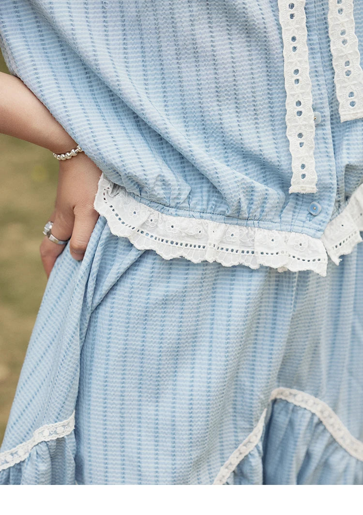 Mishow Blue Stripe V-Neck Top & A-Line Skirt Set MXE31T0531
