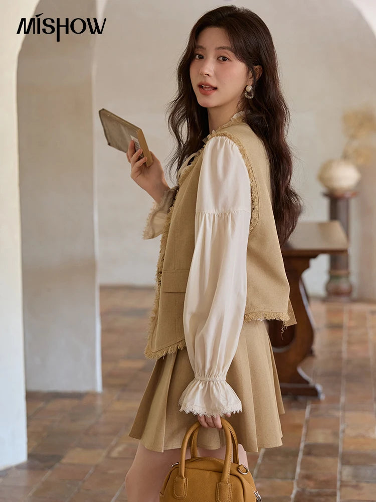 Mishow Khaki Selvedge Vest & Pleated Skirt Set MXE41T0690
