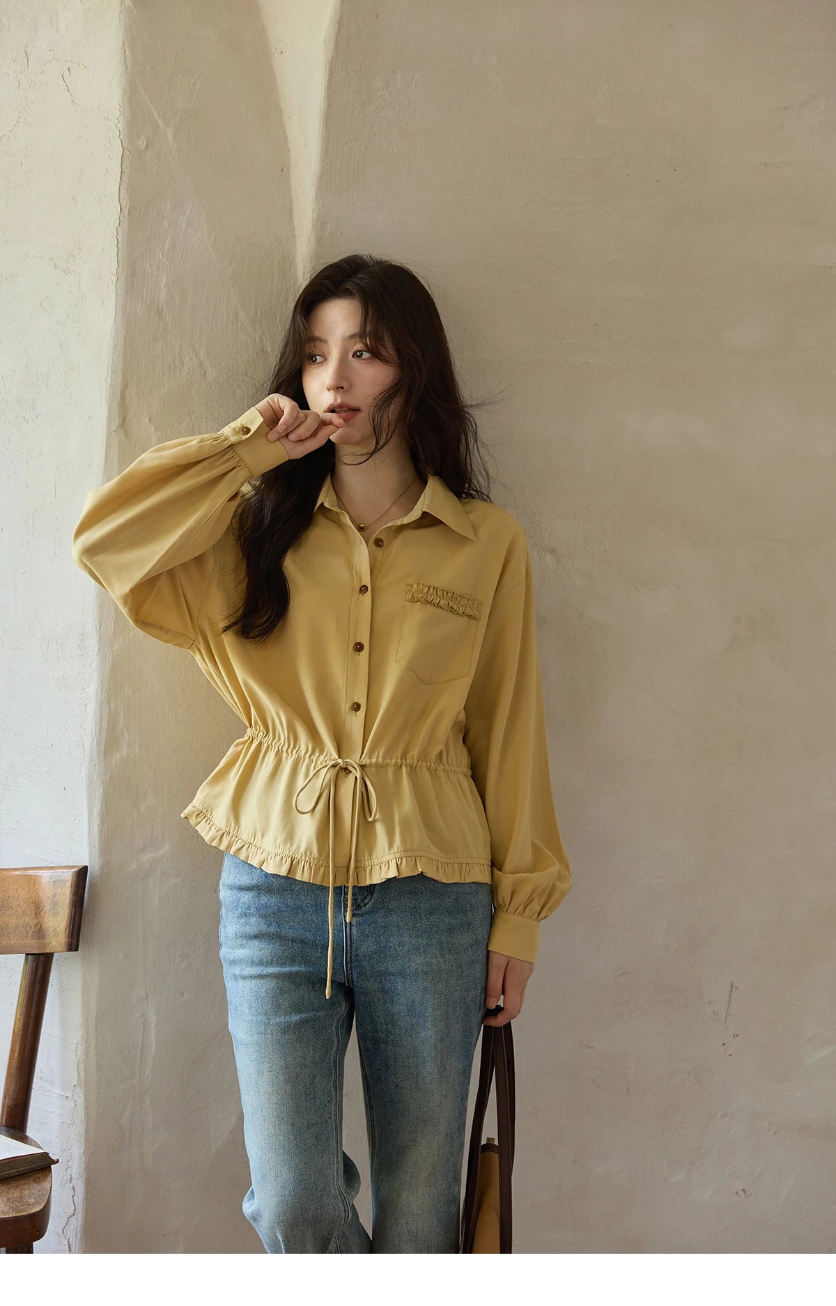 MISHOW Yellow Drawstring Waist Shirt Lapel Lantern Sleeve MXE42C2368