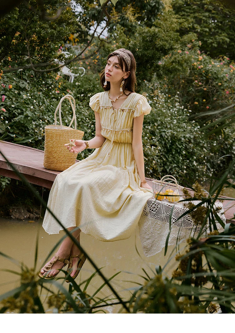 Mishow Solid V-Neck Puff Sleeve Shell Ribbon Dress MXE33L2193