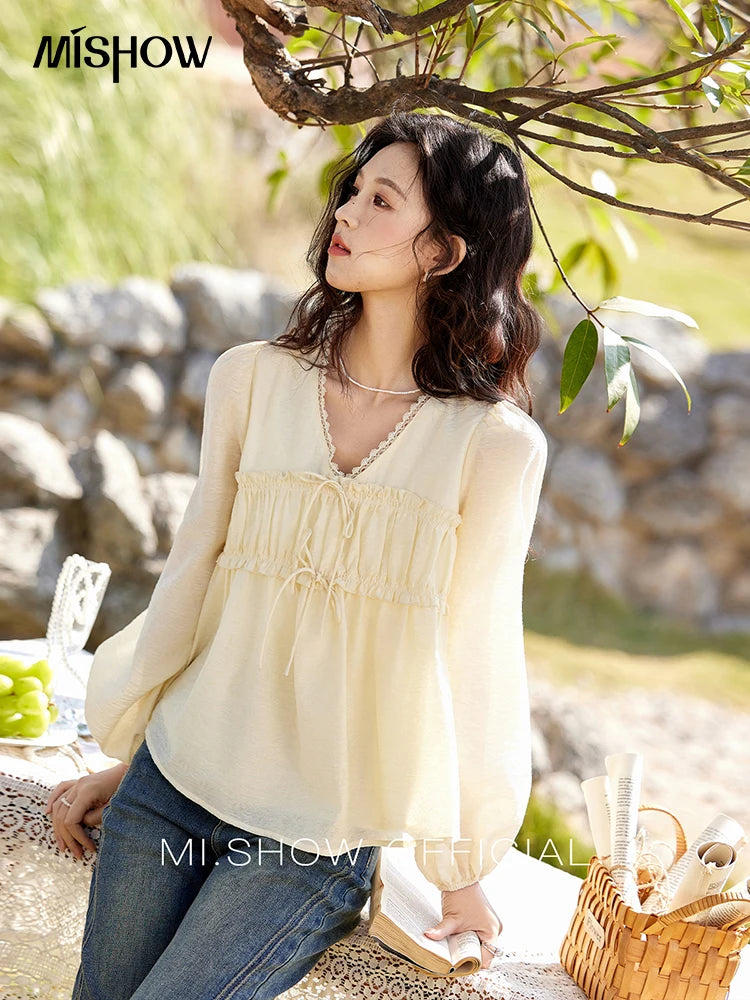 MISHOW Jacquard Lace V-Neck Blouse Ruffled Wavy Puff Sleeve MXE12C0397