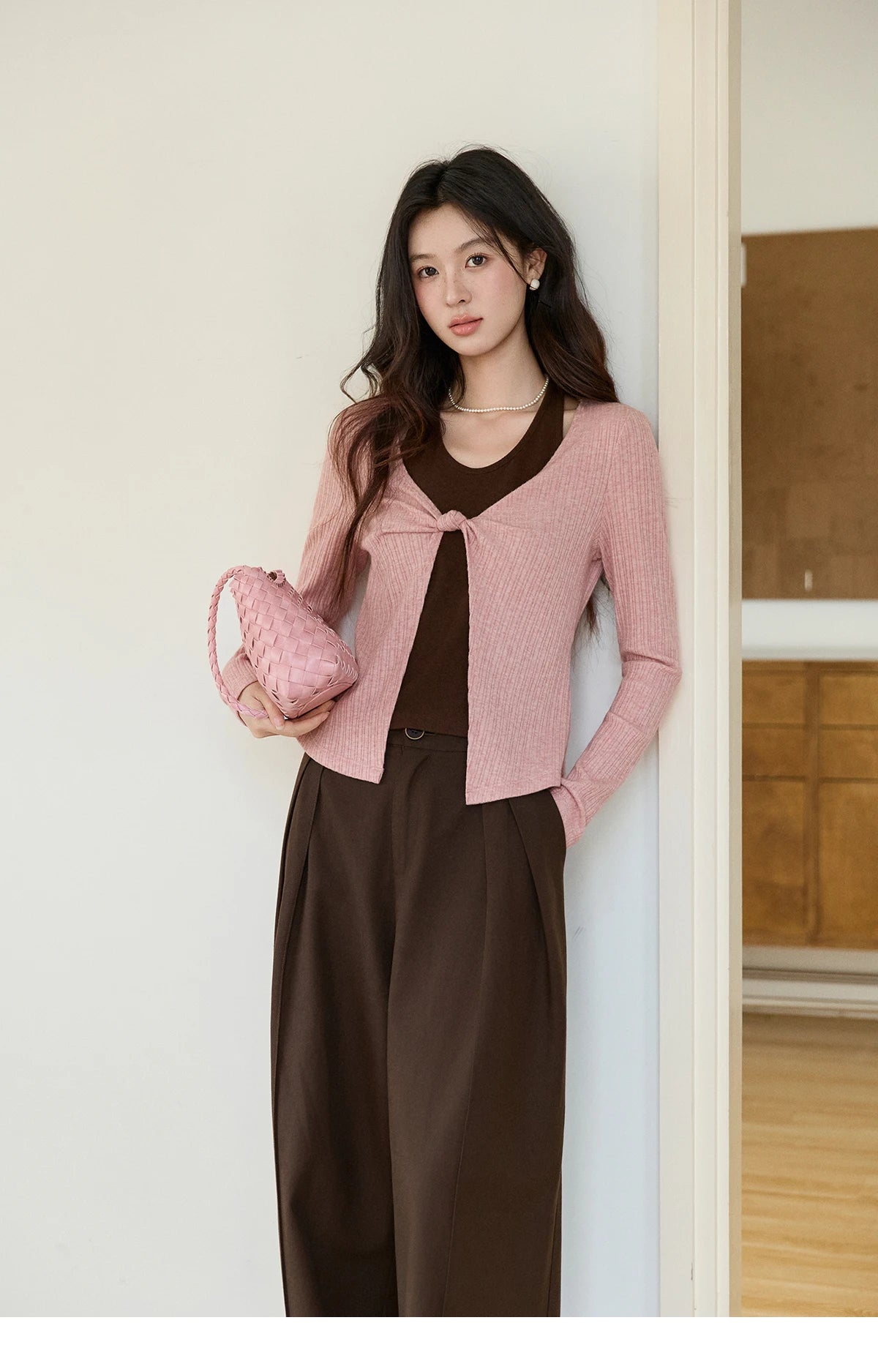 Mishow Pink Brown Fake Two-Piece Knot Front Top MXF11Z2912