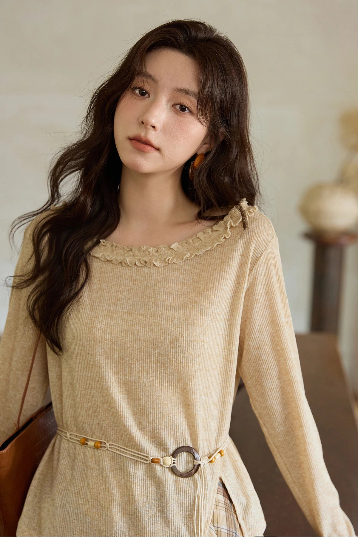 Mishow Apricot Ramie Knit Bohemian Belt Top MXE42Z1324