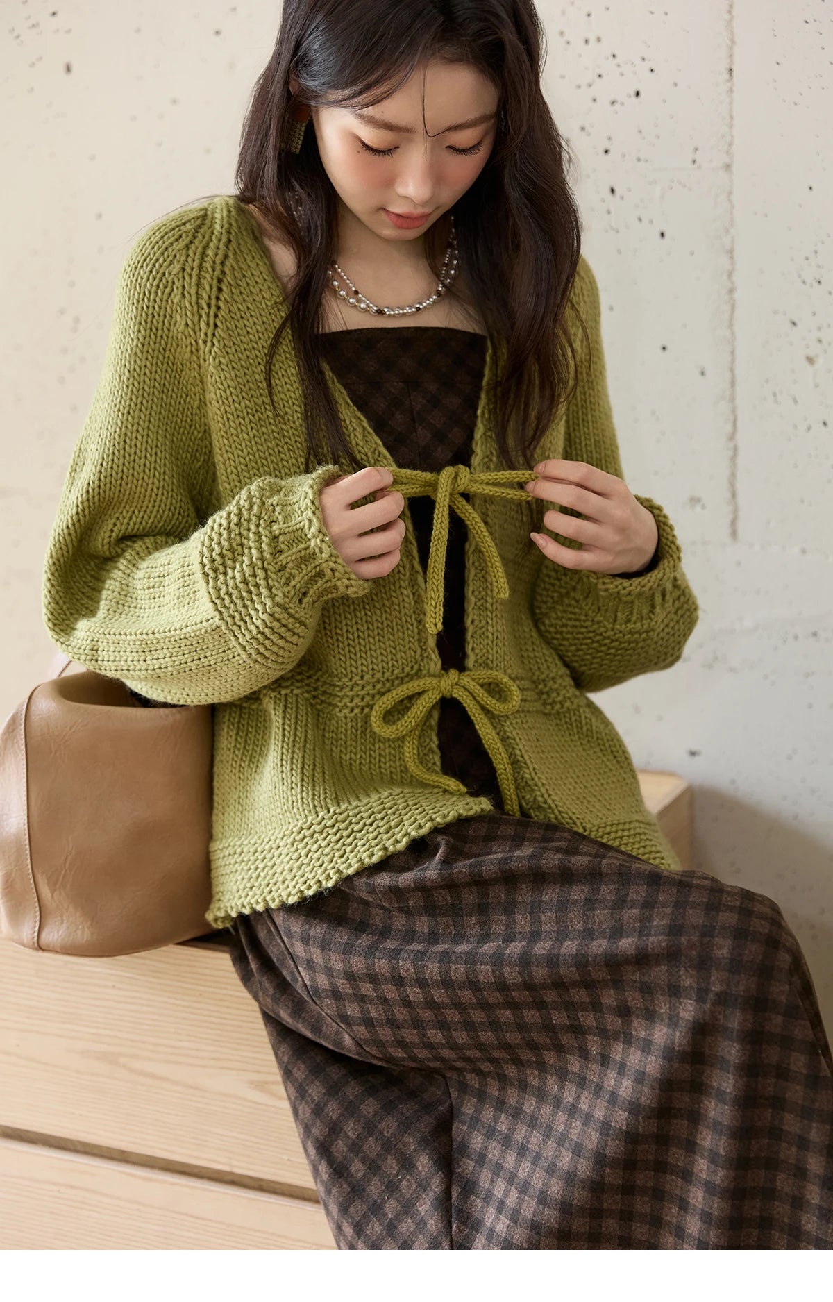 Mishow Avocado Green Lantern Sleeve Lace-Up Cardigan MXE51Z2694