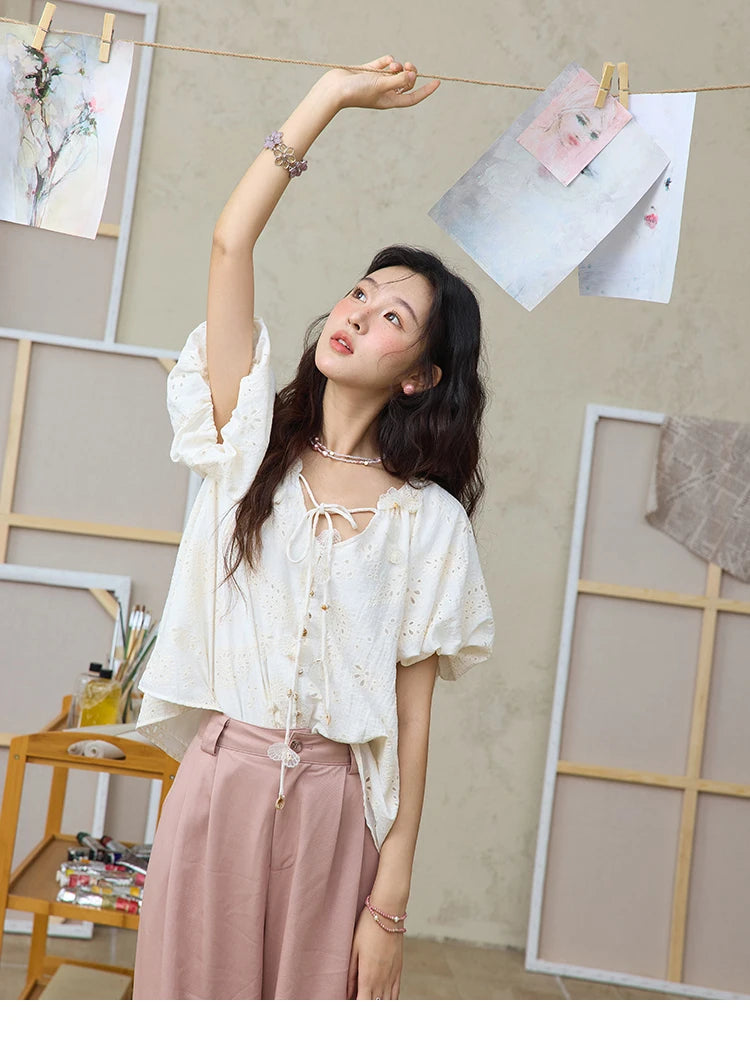 MISHOW Embroidery Jacquard Shirt V-Neck Lace Up Puff Sleeve MXE35X1790