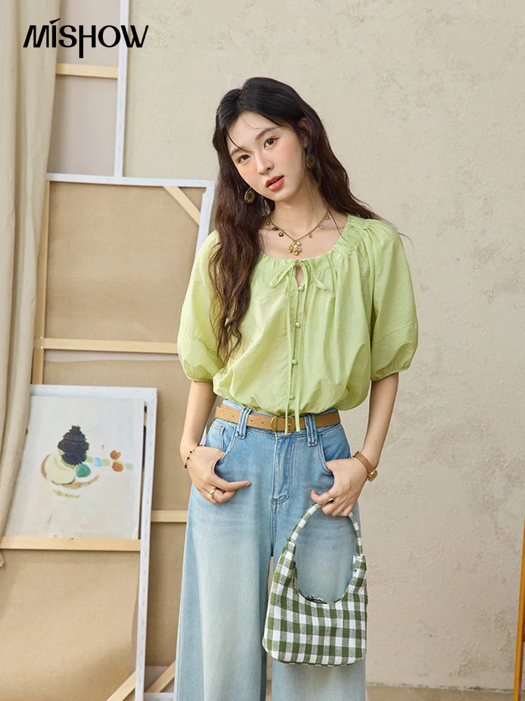 MISHOW Round Neck Blouse Lace Up Puff Sleeve MXE36X1875