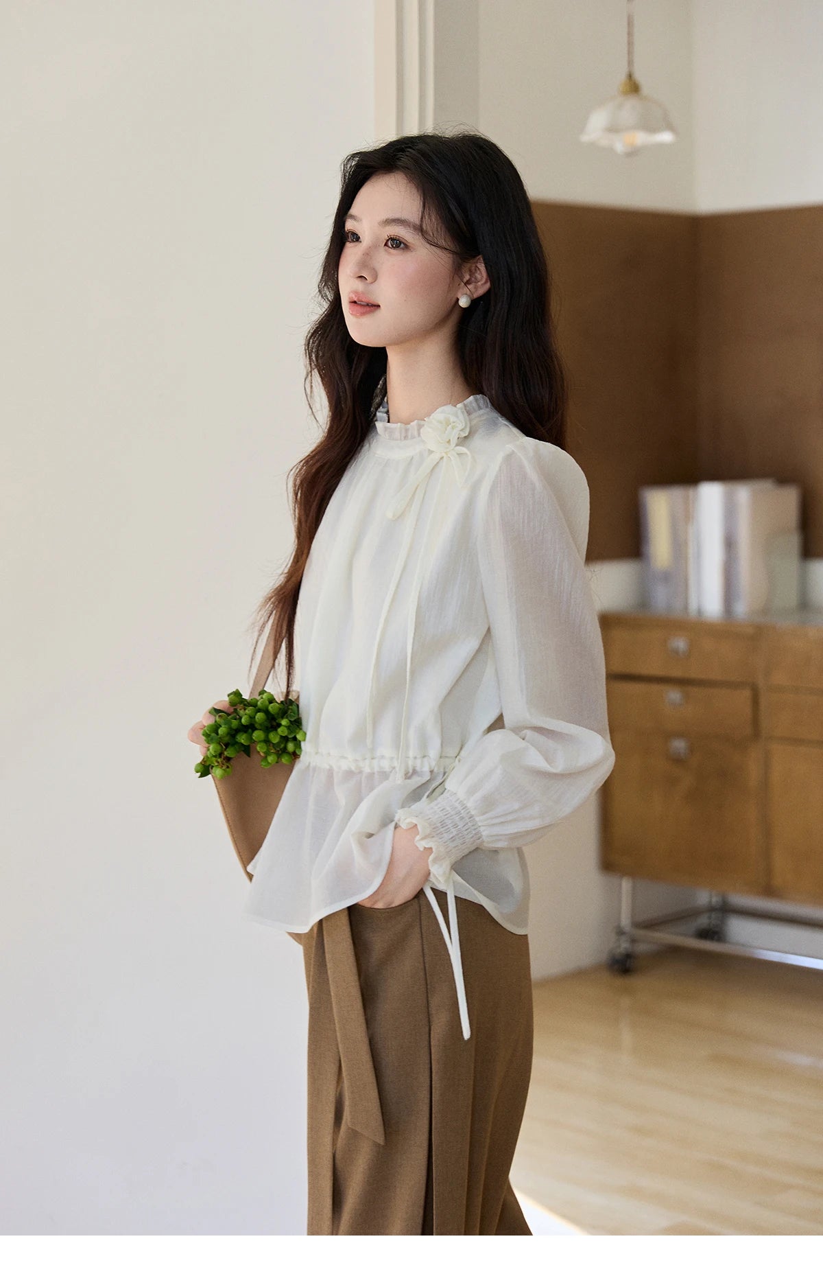 MISHOW Ruffled Stand Collar Blouse Drawstring Waist Puff Sleeve MXF11C2428