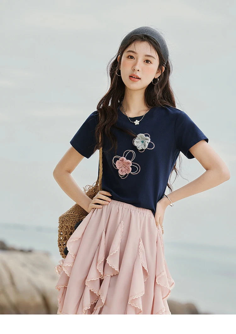 Mishow Flower Beaded Round Neck Tee MXE33T0499