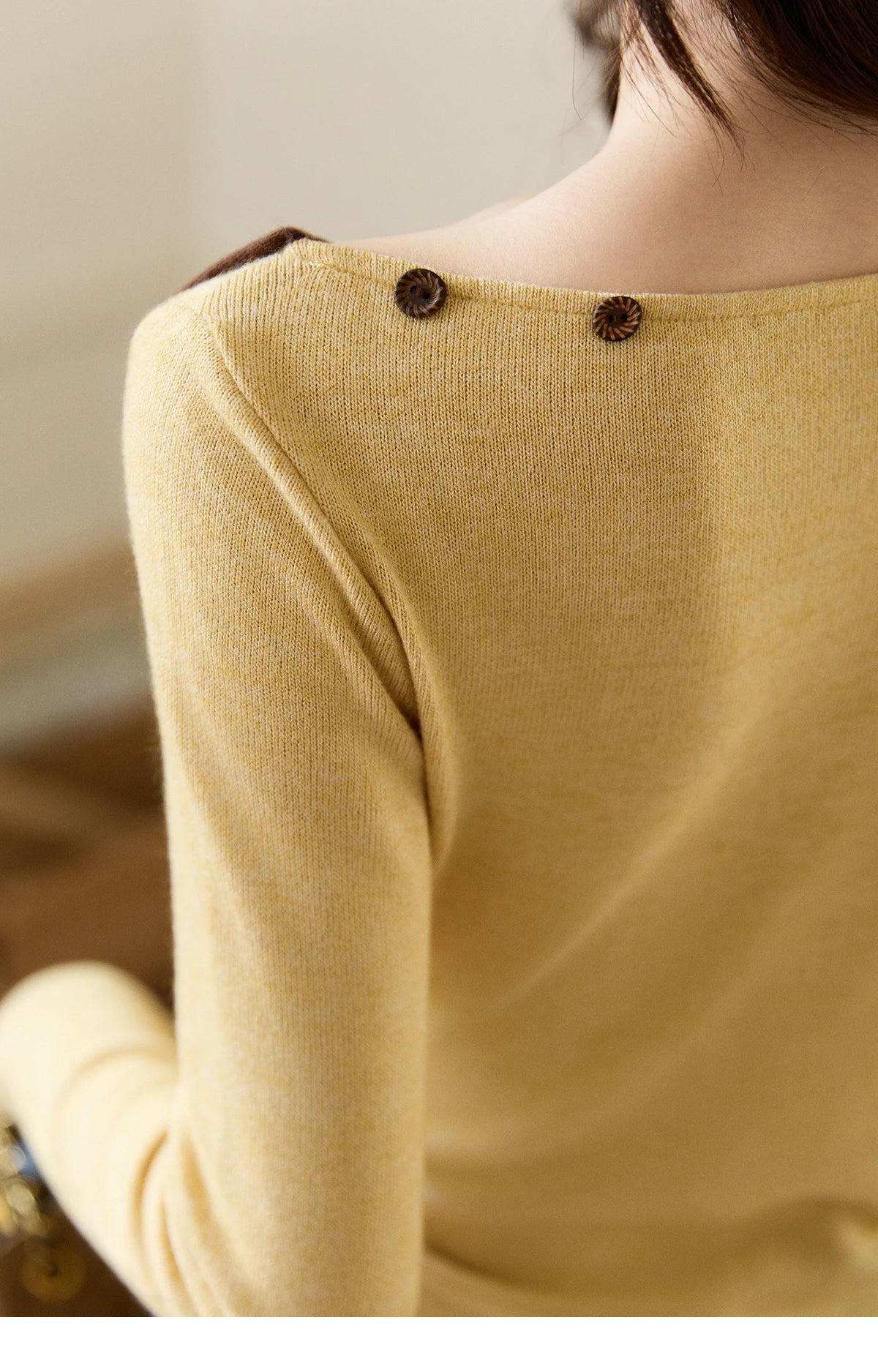 Mishow Yellow Brown Contrast Oblique Collar Knit Top MXF11Z2911
