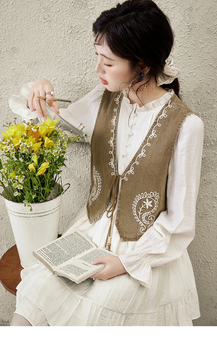 Mishow Solid Long Puff Sleeve Midi Dress & Print Denim Vest Set MXE16L2197