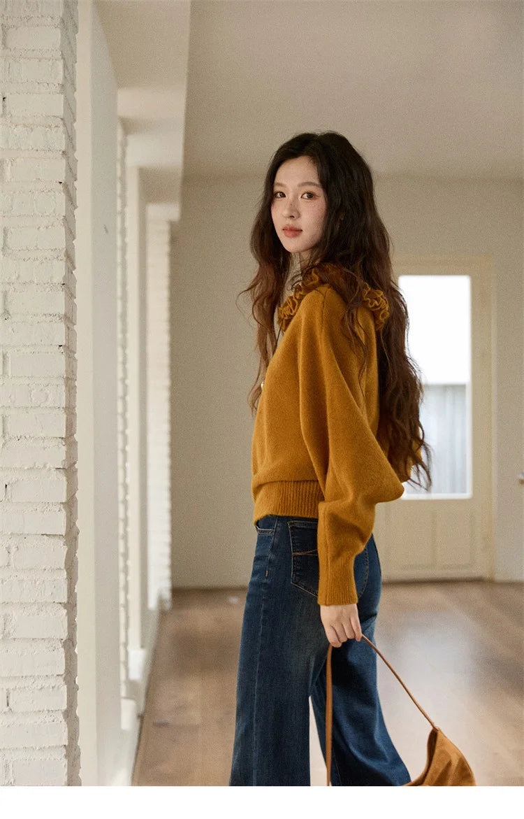 Mishow Orange Lotus Edge Lantern Sleeve Pullover MXE86Z2726