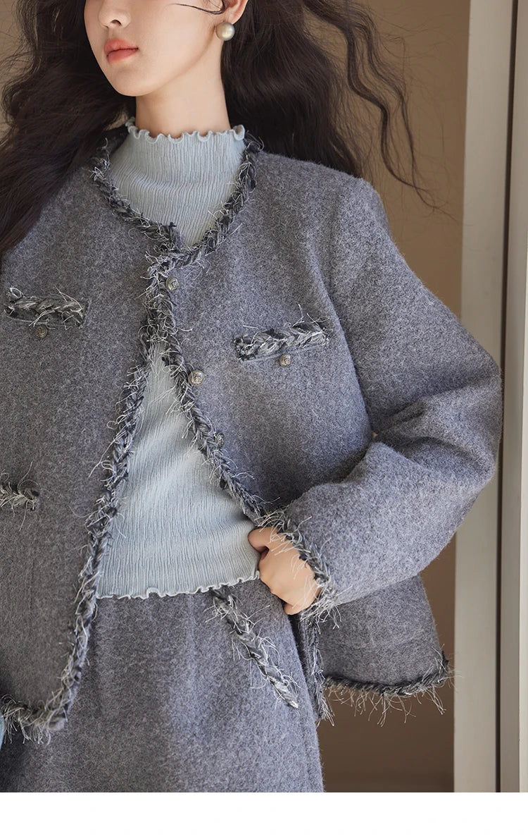 Mishow Plaid Tweed Jacket & Solid Shorts Set MXD35W0489
