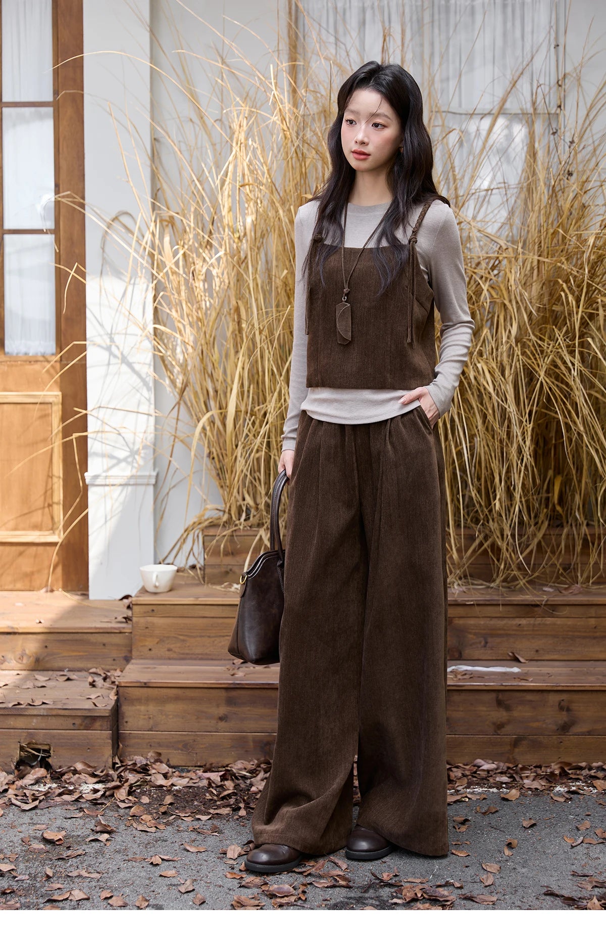 Mishow Brown Vest & Gray Top & Wide Leg Pants 3-Piece Set MXE49T1422