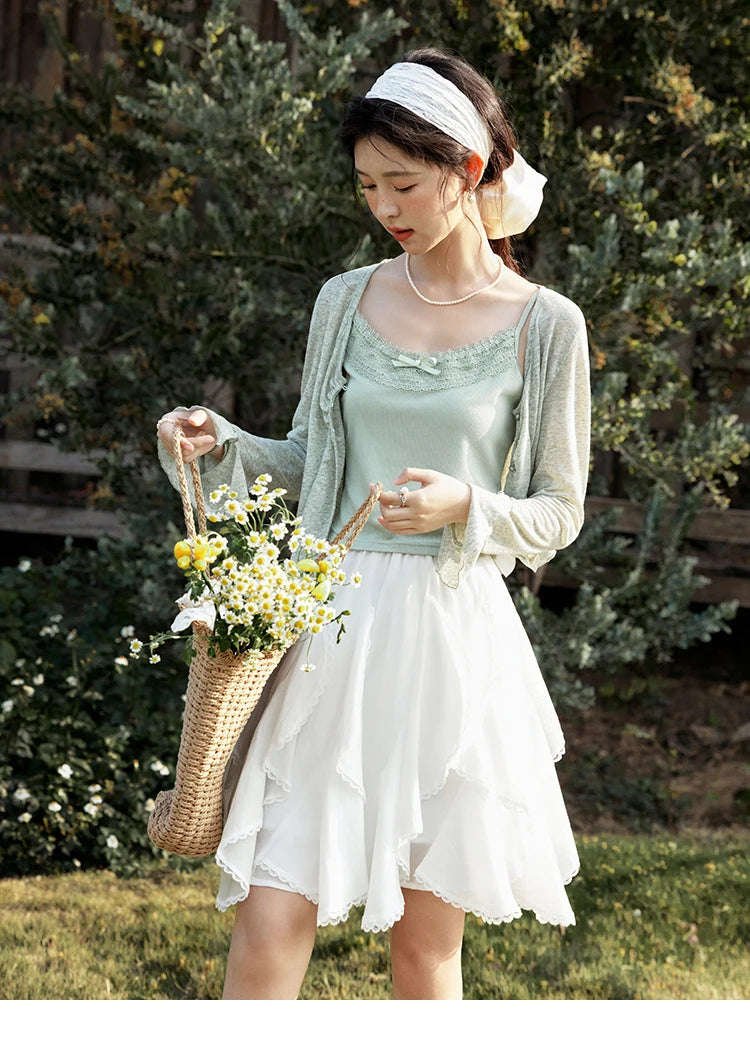 Mishow Light Green Lace Bow Camisole & Cardigan Set MXE15T0504