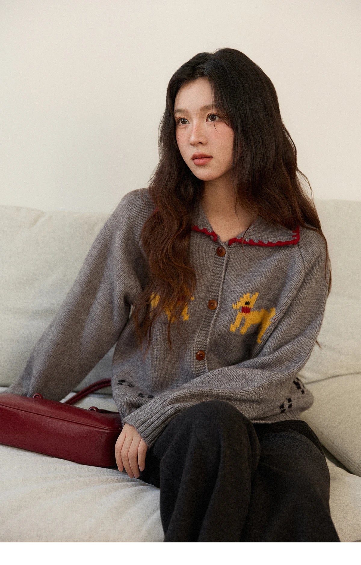 Mishow Dog Cartoon Jacquard Turn-Down Cardigan MXE86Z2727