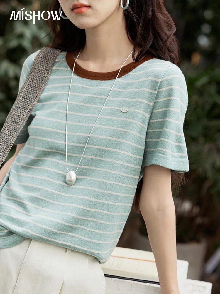 Mishow Striped Contrast Round Neck Tee MXE35Z1270