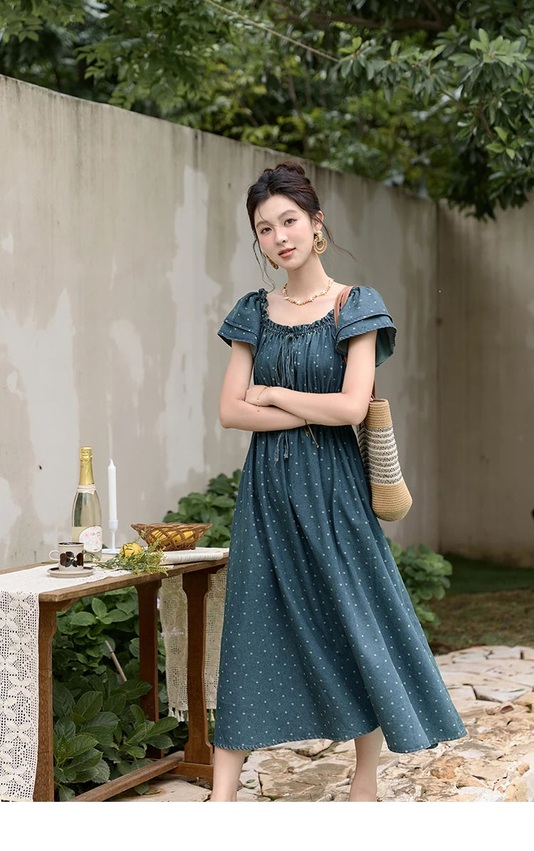 Mishow Polka Dot Flying Sleeve Lace-Up Denim Dress MXD30L2022