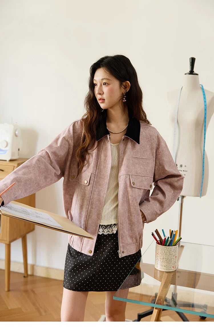 MISHOW Pink Purple Collision Lapel Jacket Suede Metal Zipper Elastic Hem MXE46W0865