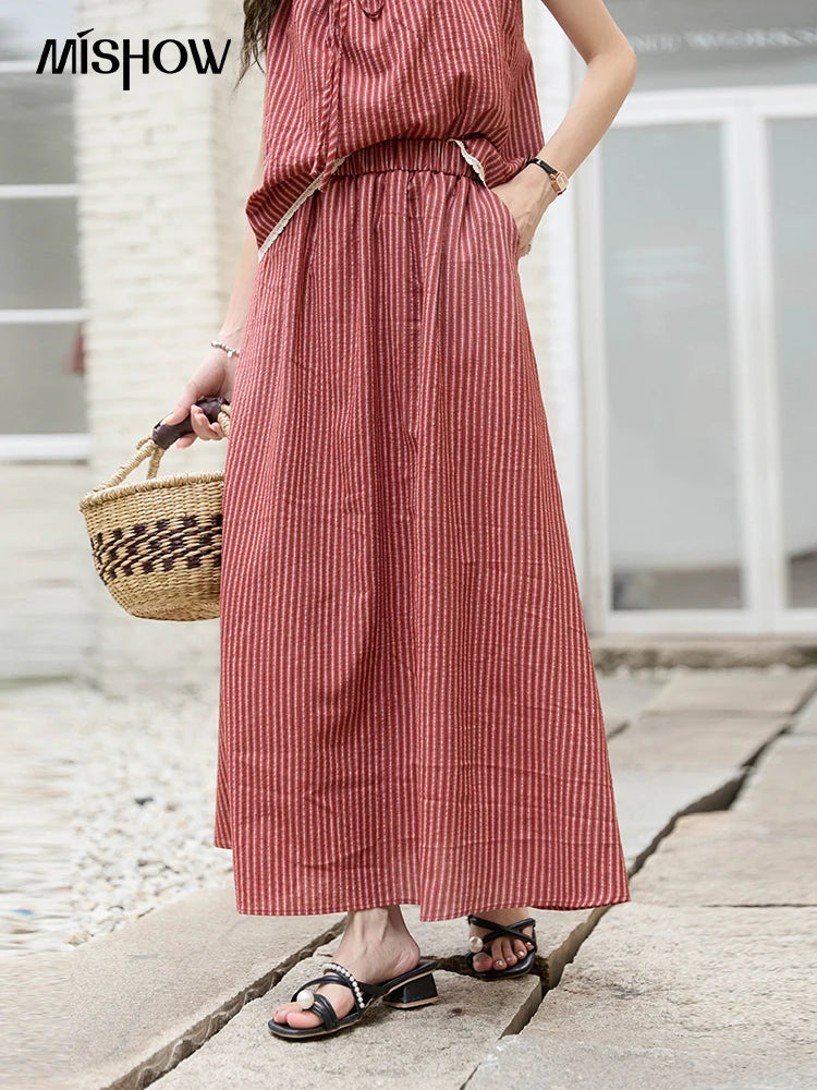 Mishow French Red Stripe Square Neck Tank & Elastic Waist Skirt Set MXD30X1631