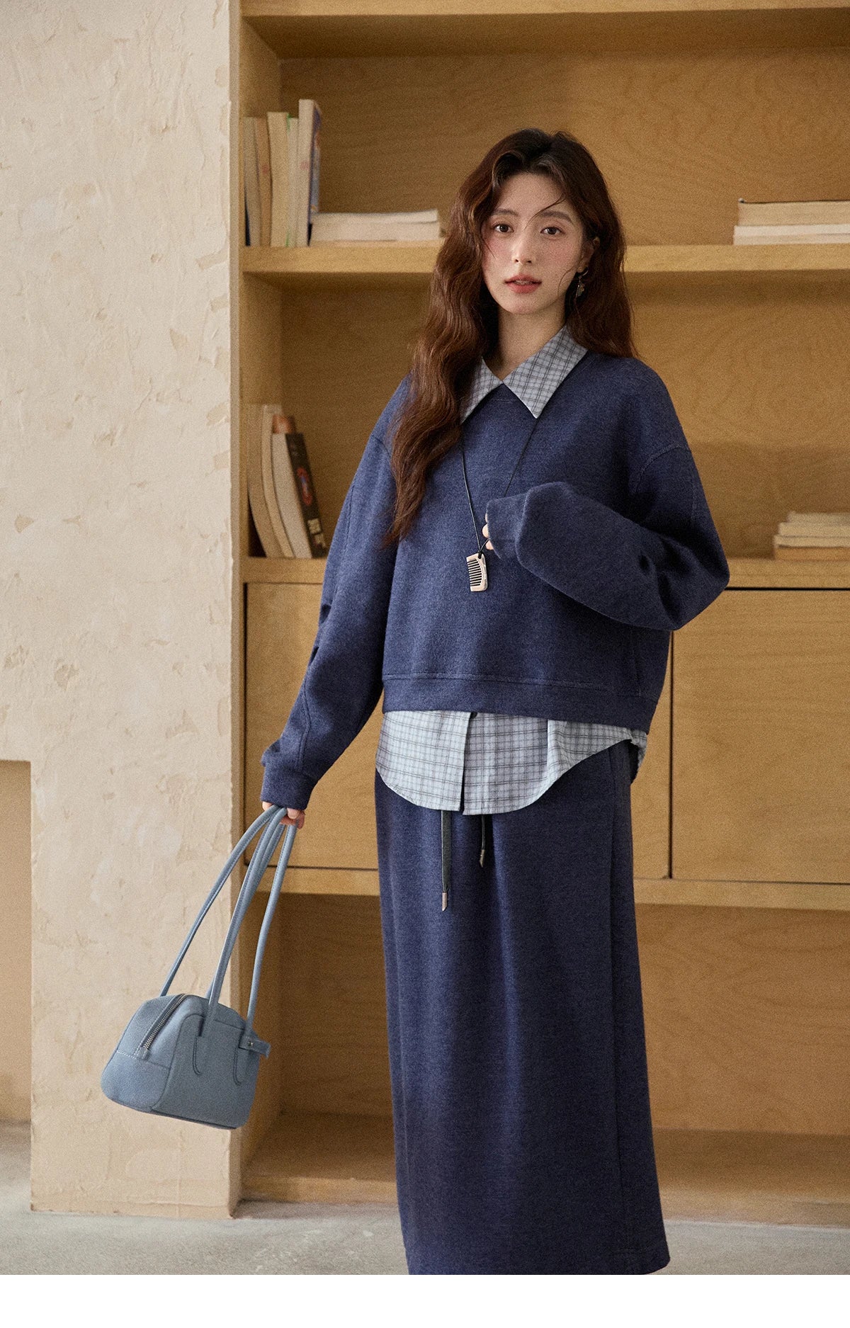 Mishow Blue Plaid Knit Top & Straight Skirt Set MXE87T1445