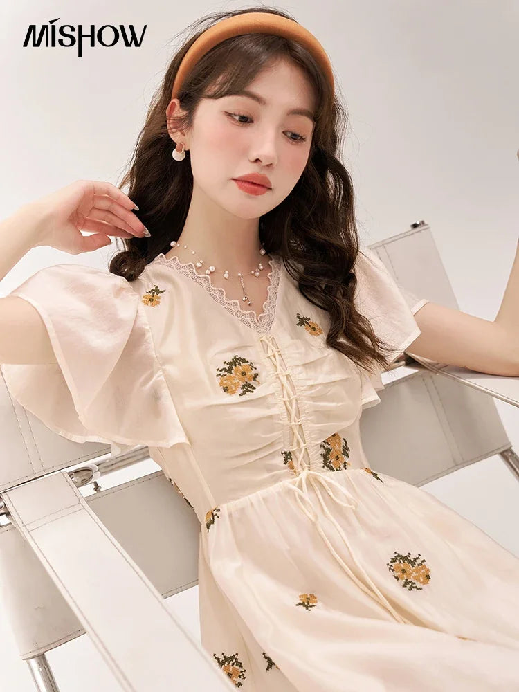 Mishow Van Gogh Sunflower Embroidered Butterfly Sleeve Dress MXC39L1524