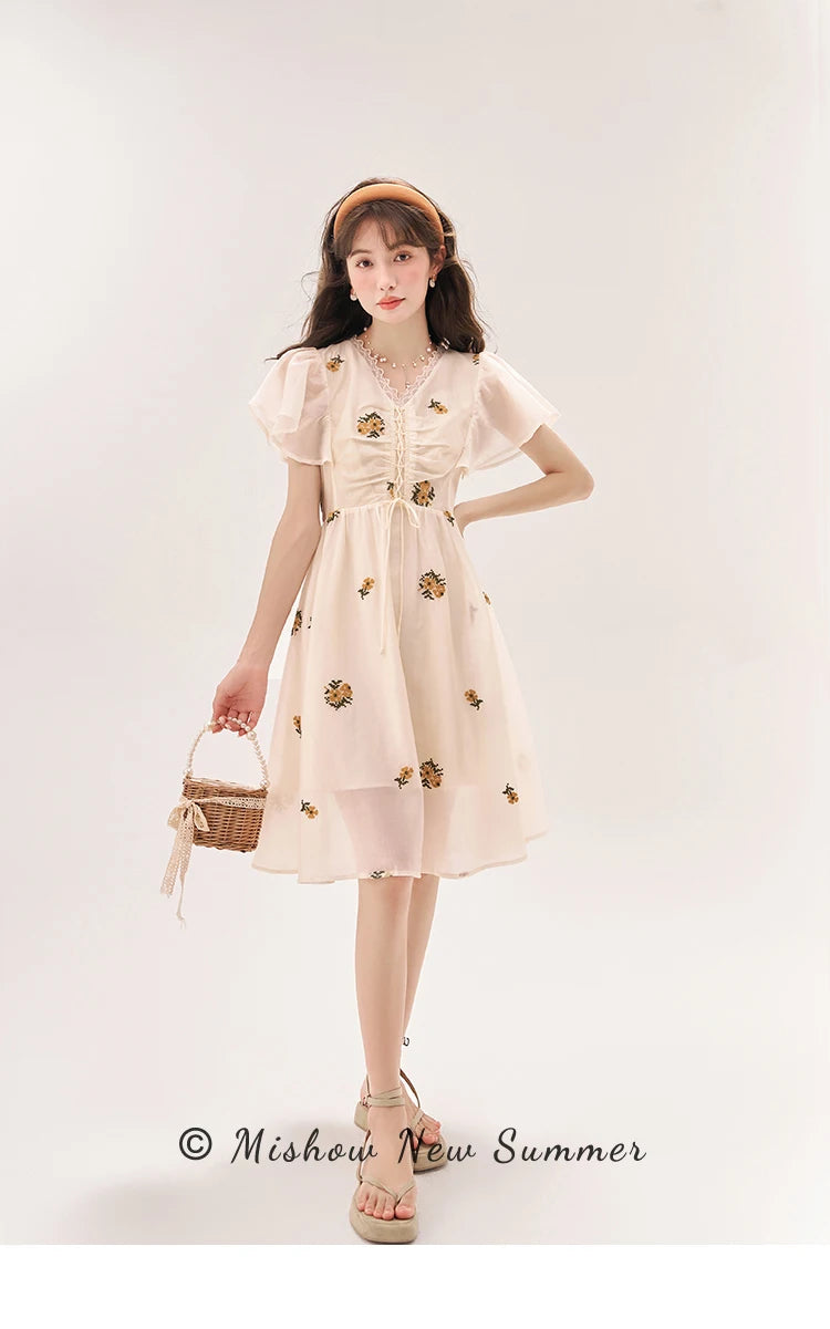 Mishow Van Gogh Sunflower Embroidered Butterfly Sleeve Dress MXC39L1524