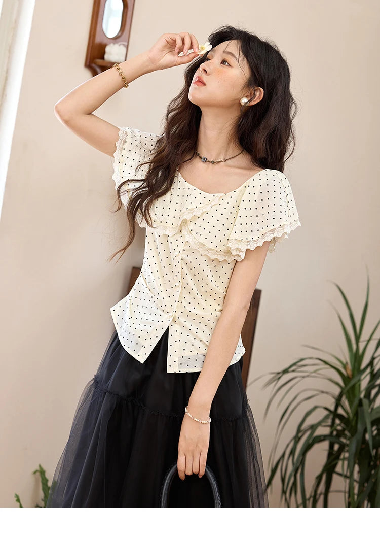 MISHOW Apricot Polka Dot Shirt Ruffle Edge Patchwork Lace MXE34X1783
