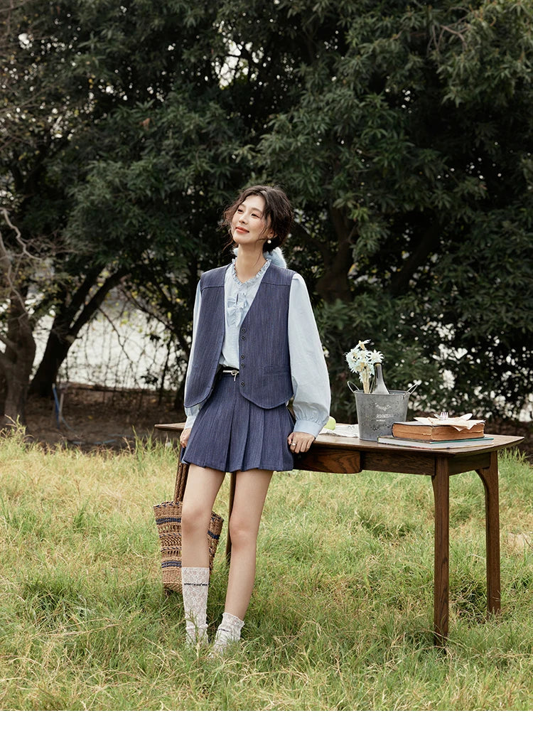 Mishow V-Neck Vest Coat & Pleated A-Line Skirt Set MXE31T0505