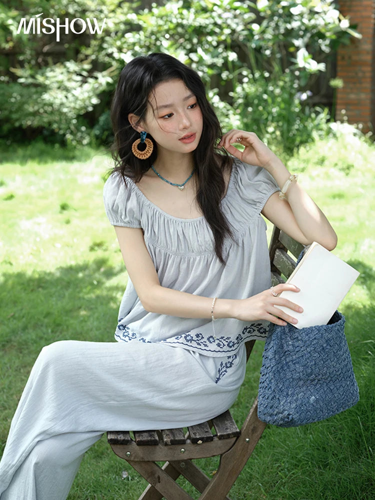 Mishow Embroidery Flower Round Neck Blouse & Pocket Wide Leg Pants Set MXE39T0669