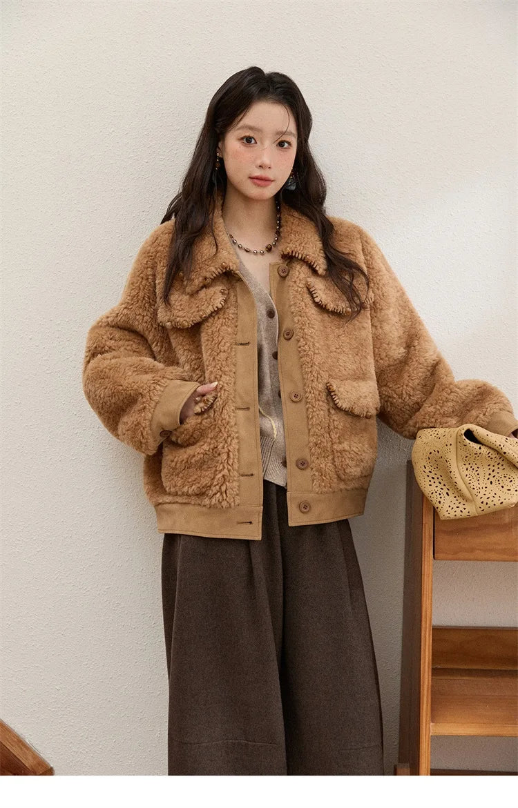 MISHOW Faux Lambskin Coat Turn-Down Collar Brown Loose MXE89W0896
