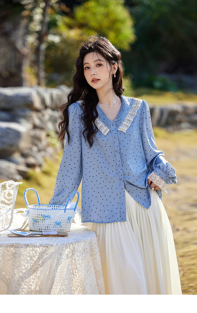 MISHOW Lace Patchwork Polka Dot Shirt V-Neck Hollow Out MXE12X1707