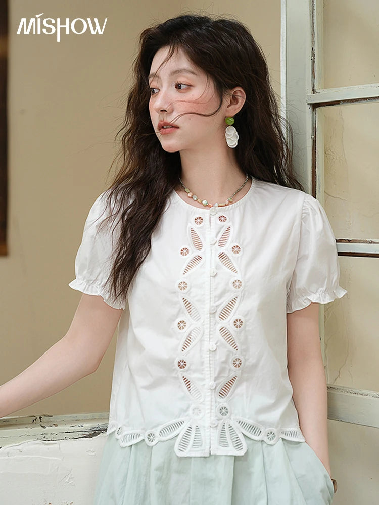 MISHOW 100% Cotton Hollow Embroidery Round Neck Puff Sleeve MXE39X1938