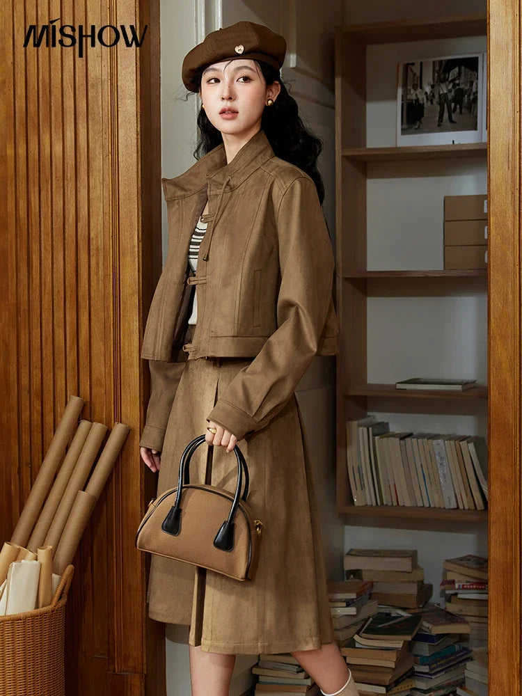 Mishow Retro Suede Stand Collar Jacket & Pleated Skirt Set MXD44W0423
