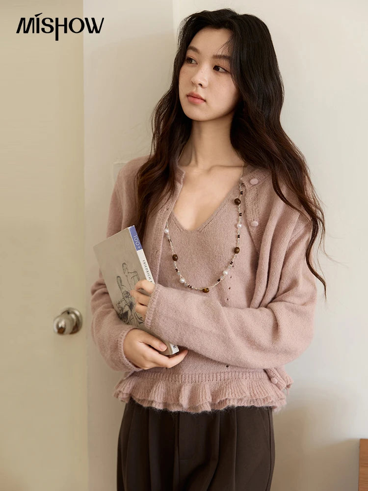 Mishow Pink Crew Neck Cardigan & Suspenders Set MXE48T1404
