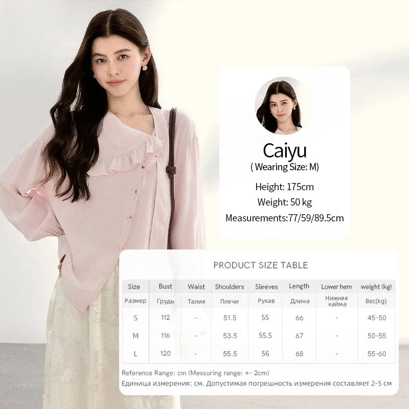MISHOW Pink Asymmetrical Ruffled Collar Blouse Puff Sleeve MXF11X2520
