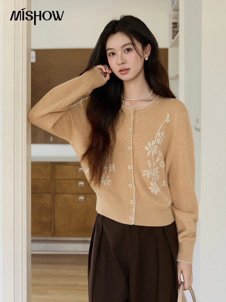 Mishow Camel Floral Embroidery Crew Neck Cardigan MXF11Z2896