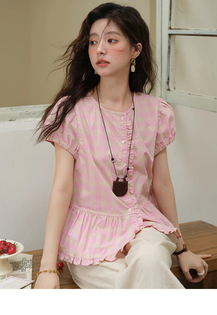 MISHOW Pink Plaid Puff Sleeve Shirt O-Neck Button MXE39X1932