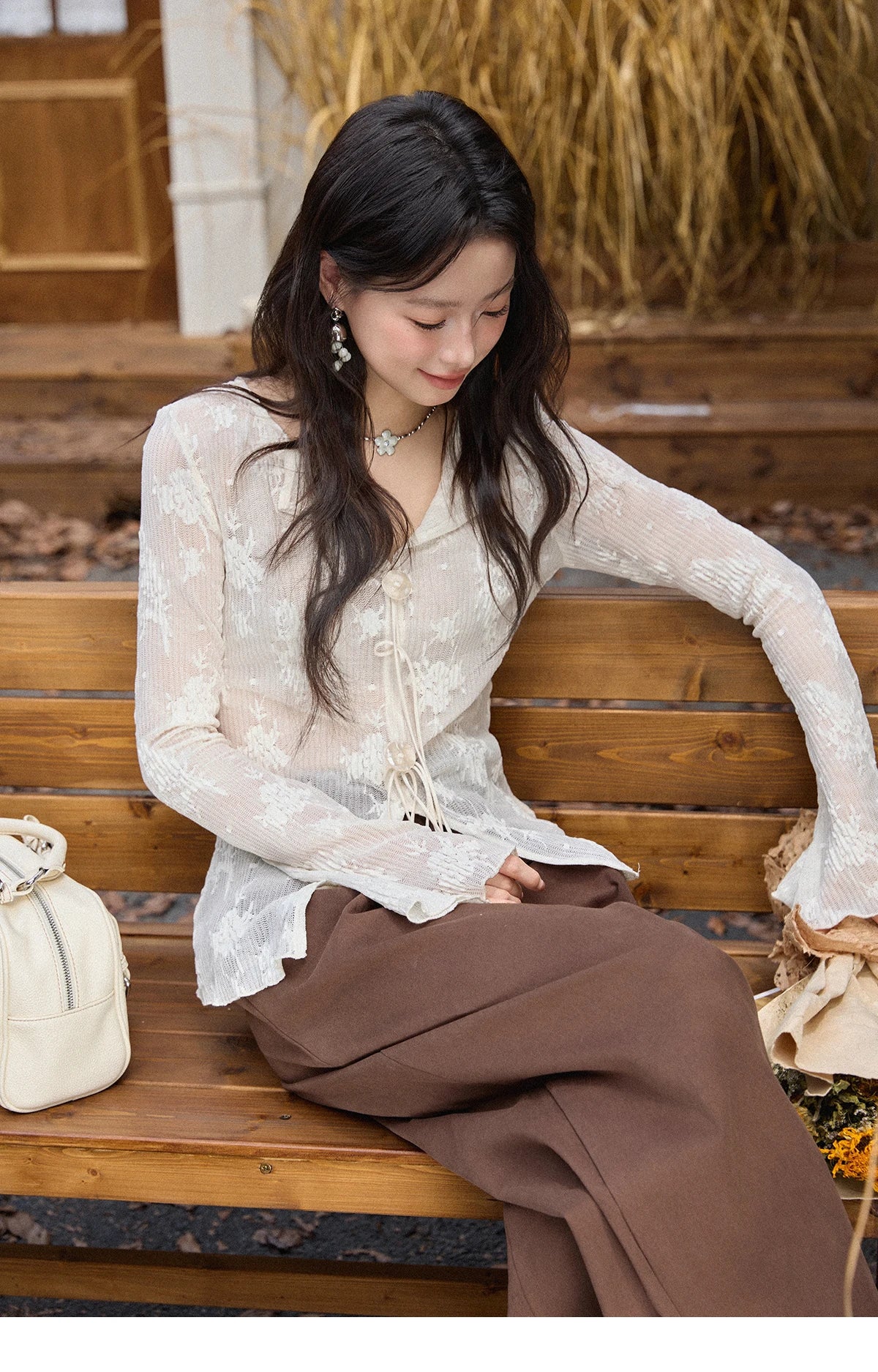 MISHOW White Lace Shirt Flared Sleeves V-Neck MXE49X2511