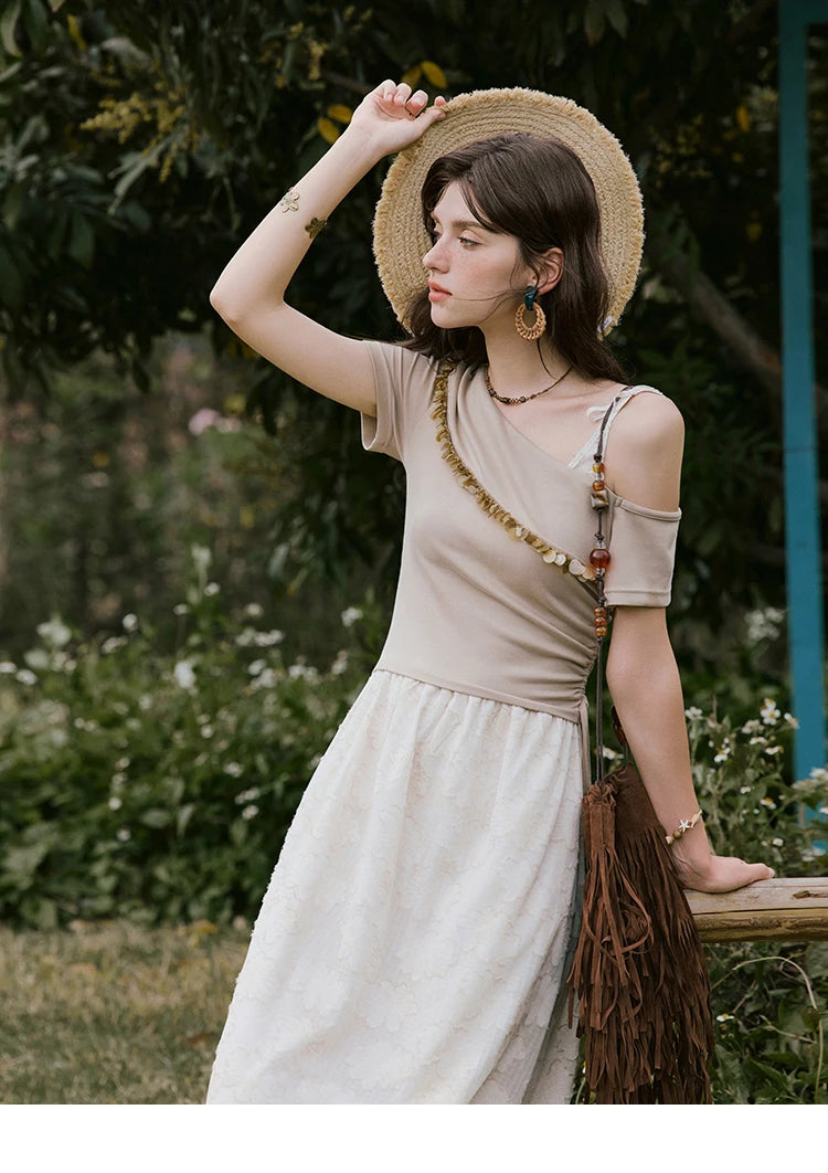 Mishow Off-Shoulder Knitted Patchwork Midi Dress MXE33L2207
