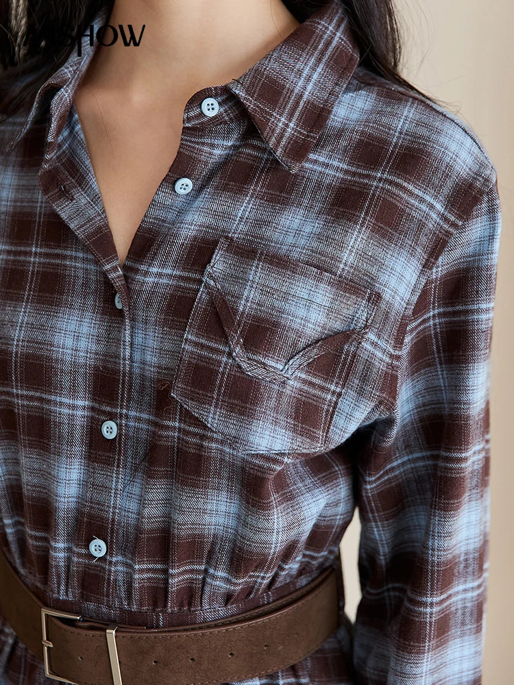 Mishow Blue Plaid Turn-Down Collar Belt Dress MXE48L2525