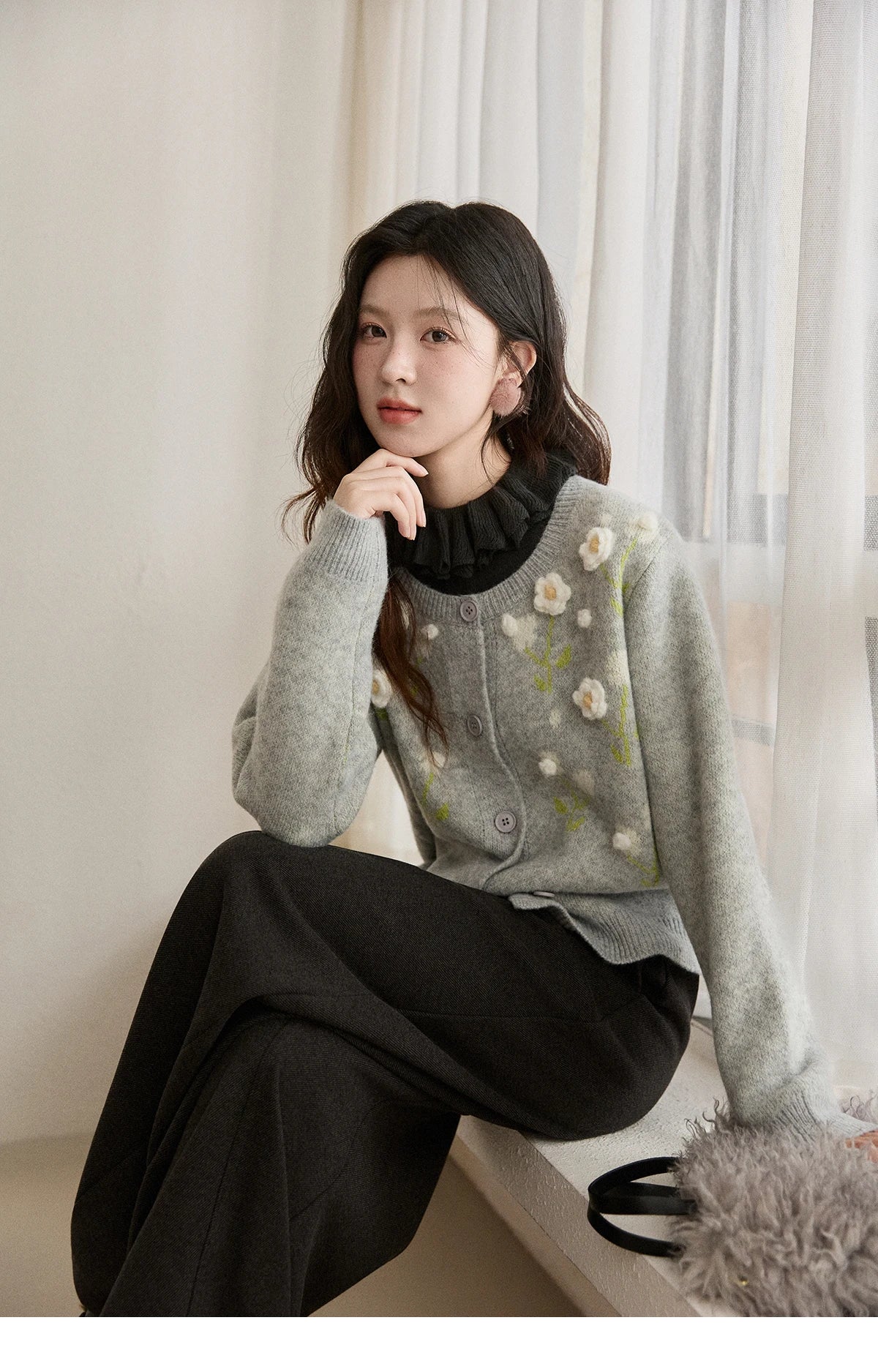 Mishow Gray Flower Embroidery Round Collar Cardigan MXE91Z2836